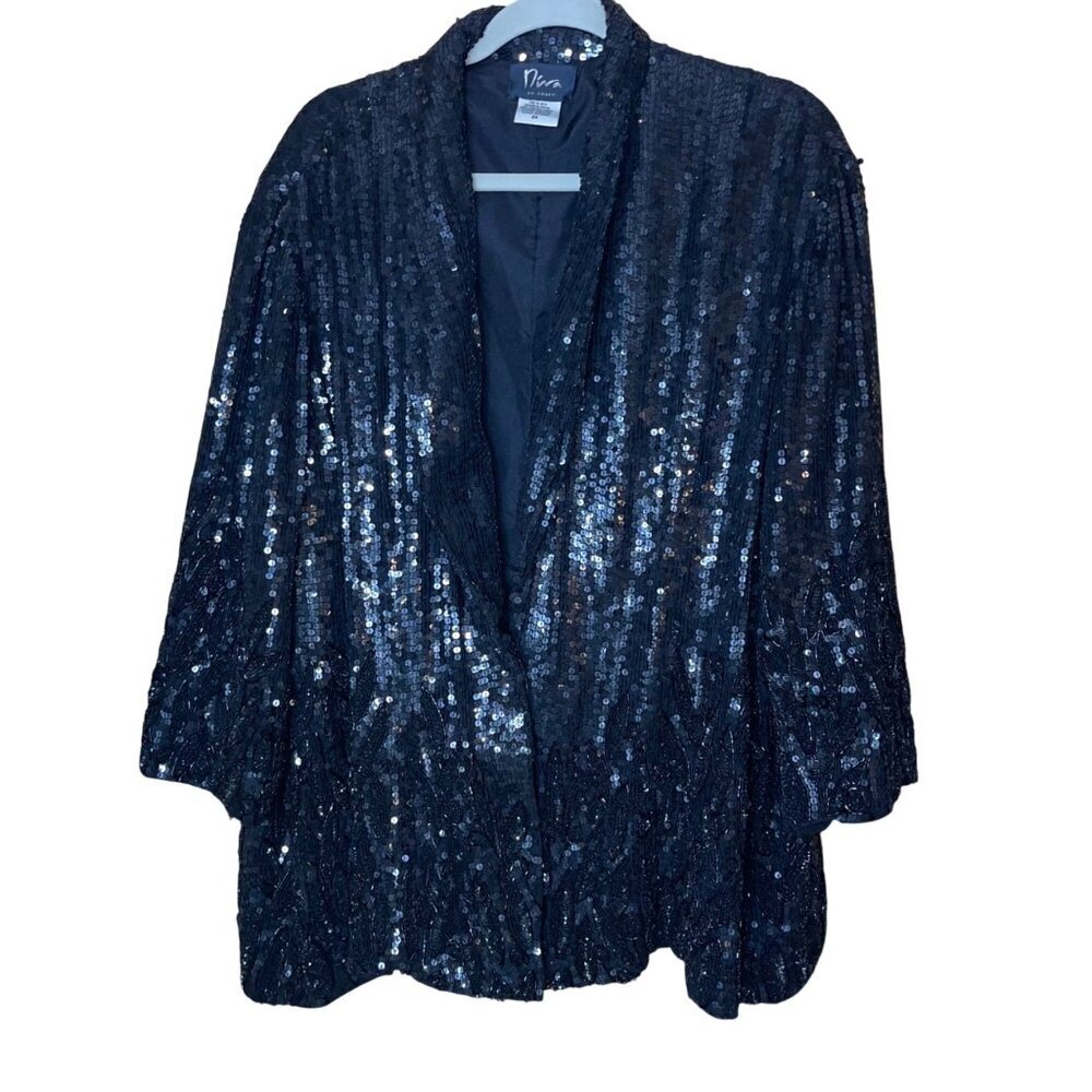 Diva by Embex Womens Black Velvet Sequined Open Front Jacket Size 3X Party Glam